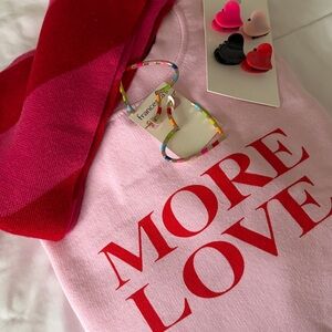 M🩷RE  L❤️VE-Pink Sweatshirt with Red Text